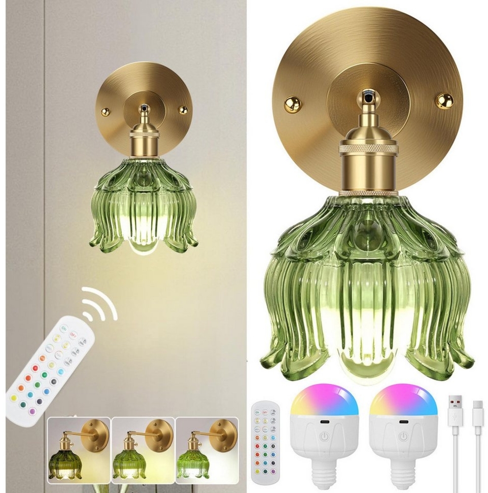 LMaxhome LED Wandleuchte Einstellbar E27 Retro Wandlampe mit grünem Glasschirm Fernbedienung, Batteriebetrieben, LED fest integriert, 15%-100% Helligkeit, RGB Wiederaufladbare Wandleuchte Speicherfunktion für Innen Wohnzimmer Bild 1