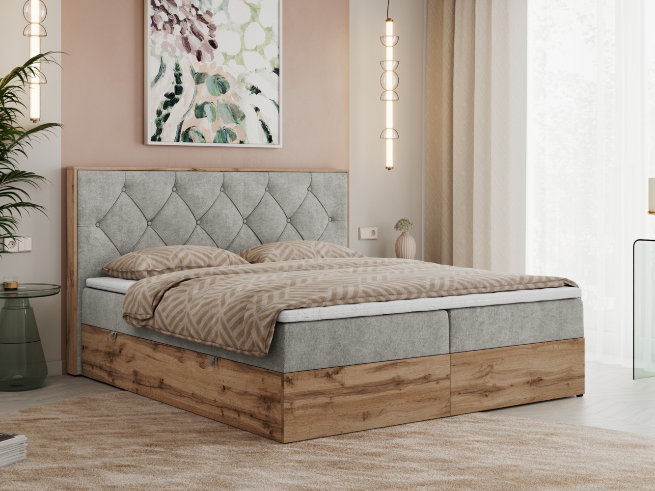 Boxspringbett, Schlafzimmerbett, Bettkasten - VENETO -160 x 200 cm - Hellgrau Stoff - H4 Bild 1