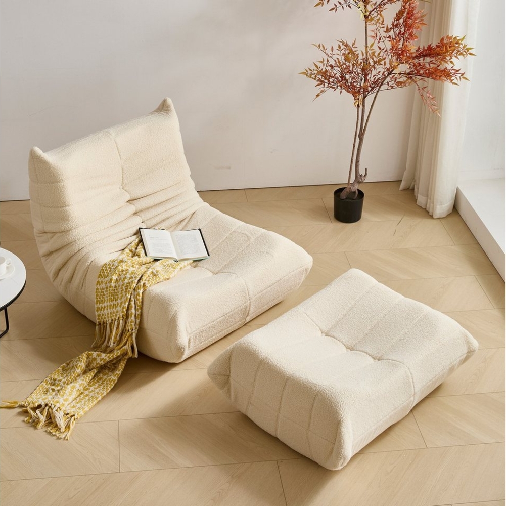 HAUSS SPOLE Sitzsack Lazy Sofa mit Fußhocker, Wohnzimmer Teddysamt, modernes Design Beige (Teddyfleece+Schaumstoff mit hoher Dichte, 2 St, Produkt als komprimierte Verpackung) Bild 1