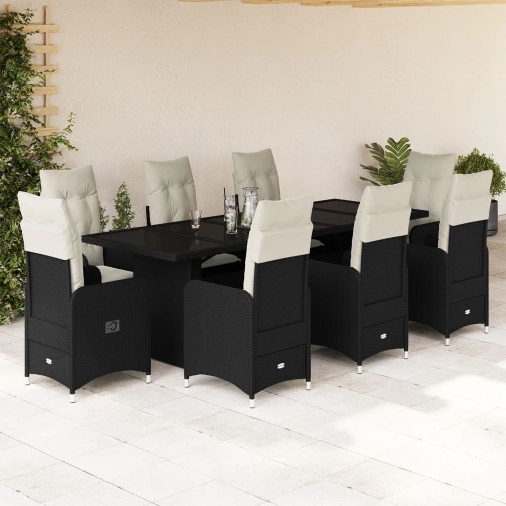 vidaXL 9-tlg. Garten-Bistro-Set mit Kissen Schwarz Poly Rattan 3277274 Bild 1