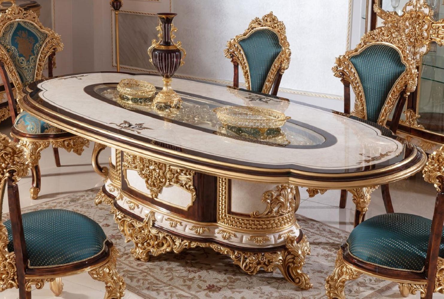 Casa Padrino Luxus Barock Esstisch Weiß / Braun / Gold - Prunkvoller Massivholz Esszimmertisch im Barockstil - Barock Esszimmer Möbel - Edel & Prunkvoll Bild 1