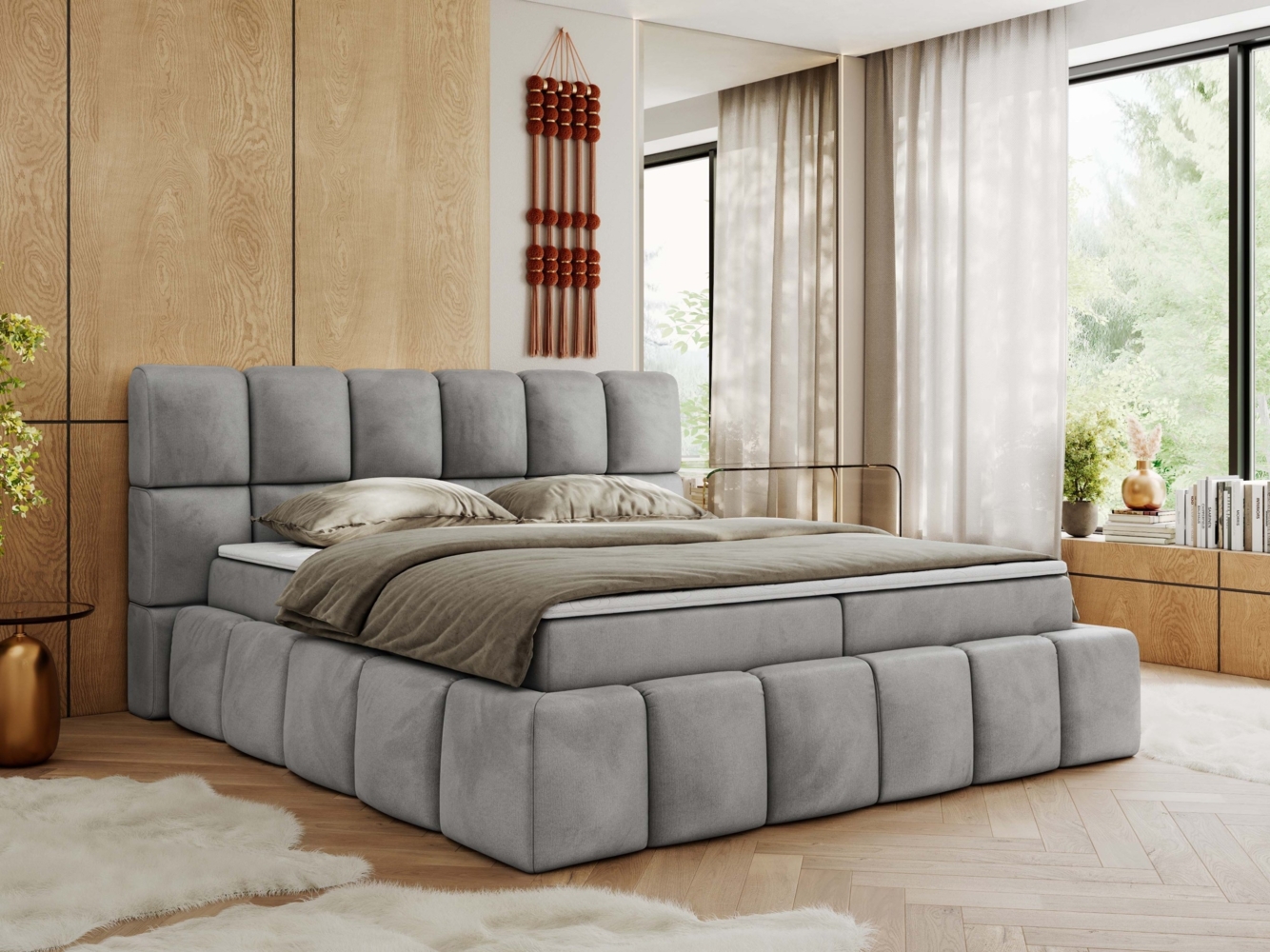 Boxspringbett mit dekorativem Kopfteil, Doppelbett mit zwei 7 Härtezonen Multipocket-Matratzen, Bettkästen, Polsterbett - NIRA - 140 x 200 cm - Hellgrau Velours - H4 Bild 1