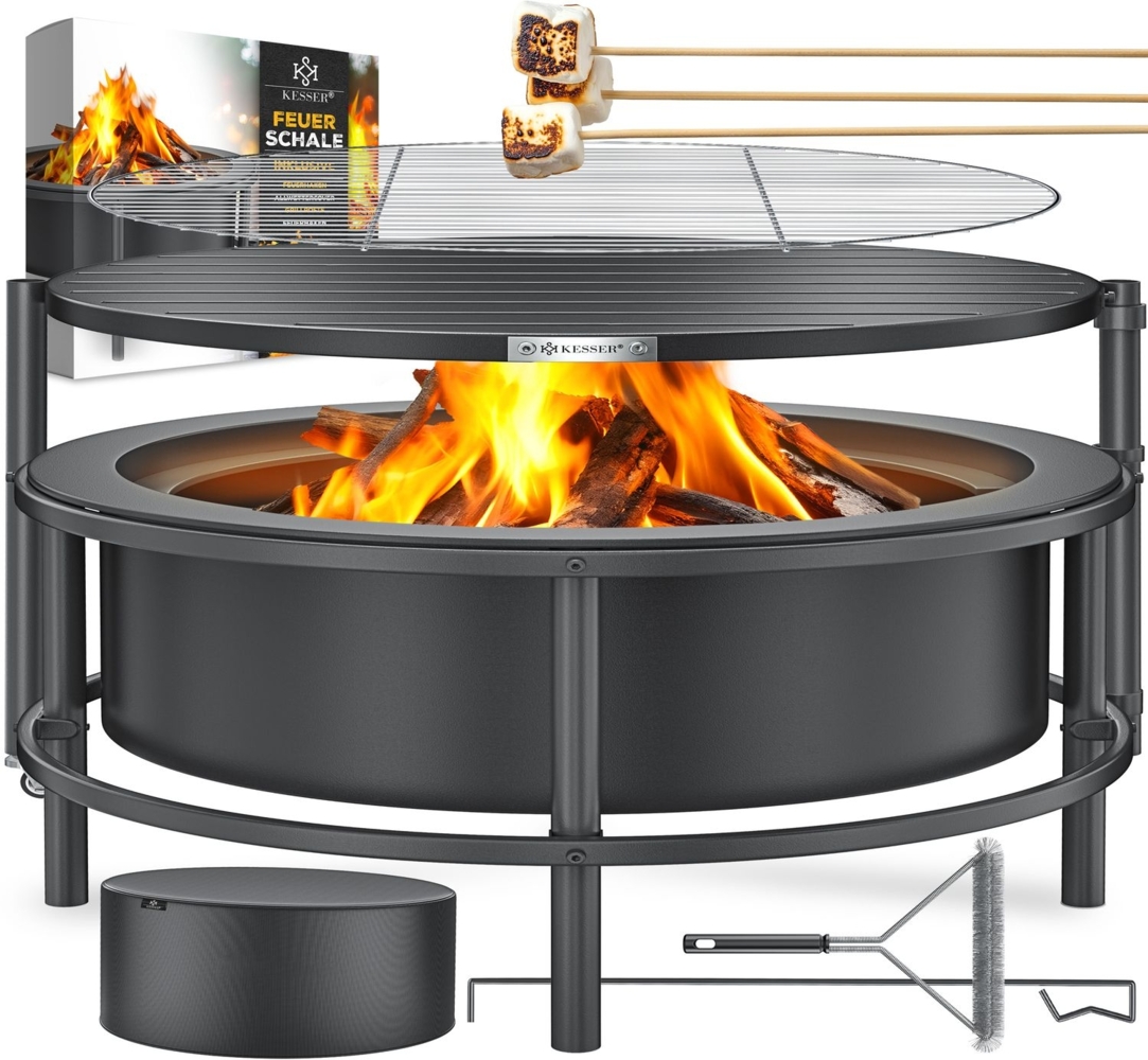 KESSER® Feuerschale mit Grillrost Ø65cm Feuerkorb 0,6mm Kaltveredelter Stahl | mobile Feuertonne mit Reifen | Holz & Kohle Feuerstelle inkl. 60cm Feuerhaken aus Gusseisen, Ø52cm, Bürste & Cover Schwarz Bild 1