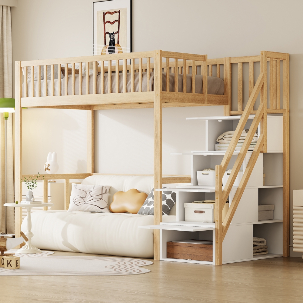 Merax Hochbett Massivholz Kinderbett Einzelbett 90x200cm mit Stauraumtreppe, holzfarbe Bild 1