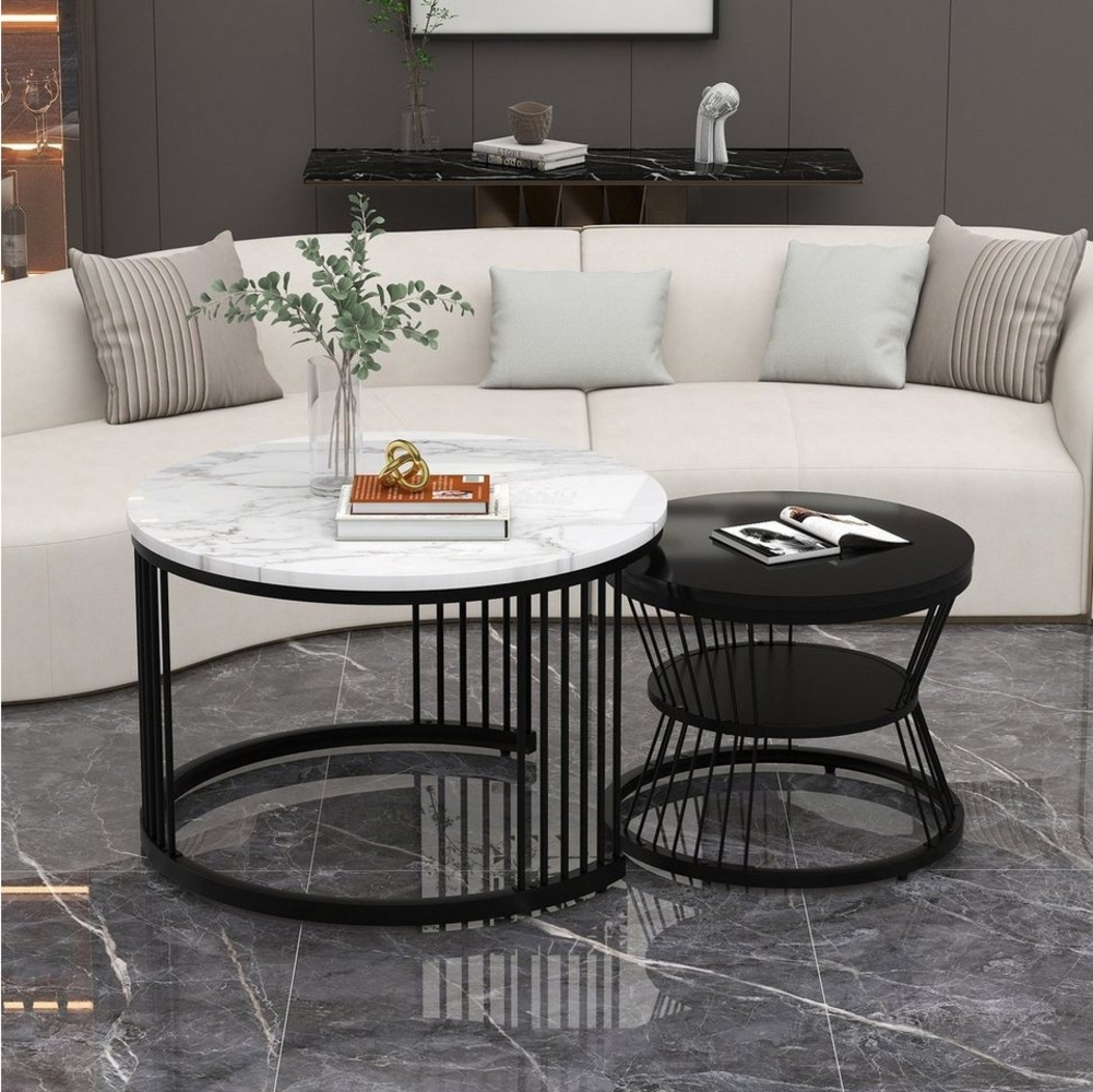 REDOM Couchtisch und 2er Set, Beistelltisch für Schlafzimmer Balkon (Solid und Dauerhaft Smart Einzigartigrd Design Safety Design, 2-St), Satz Marmor Furnier Sofa Seite Nest von Tischen Runde Endtische Bild 1