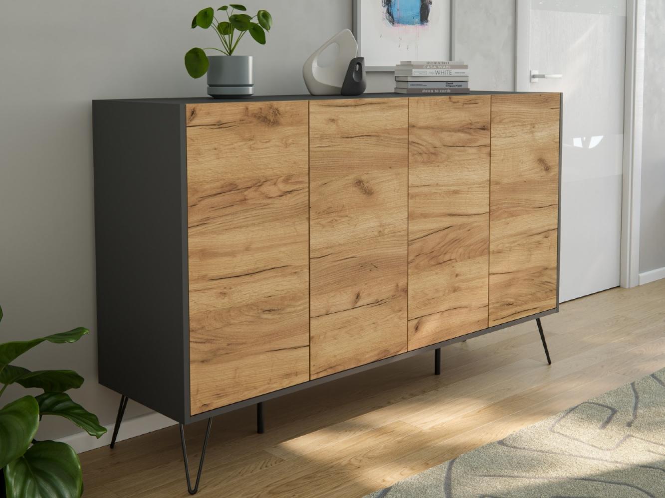 Design Sideboard Kommode Rana 155cm 4 Softclose Türen Grafit/Eiche Front : Oak Gold / Grafit Bild 1