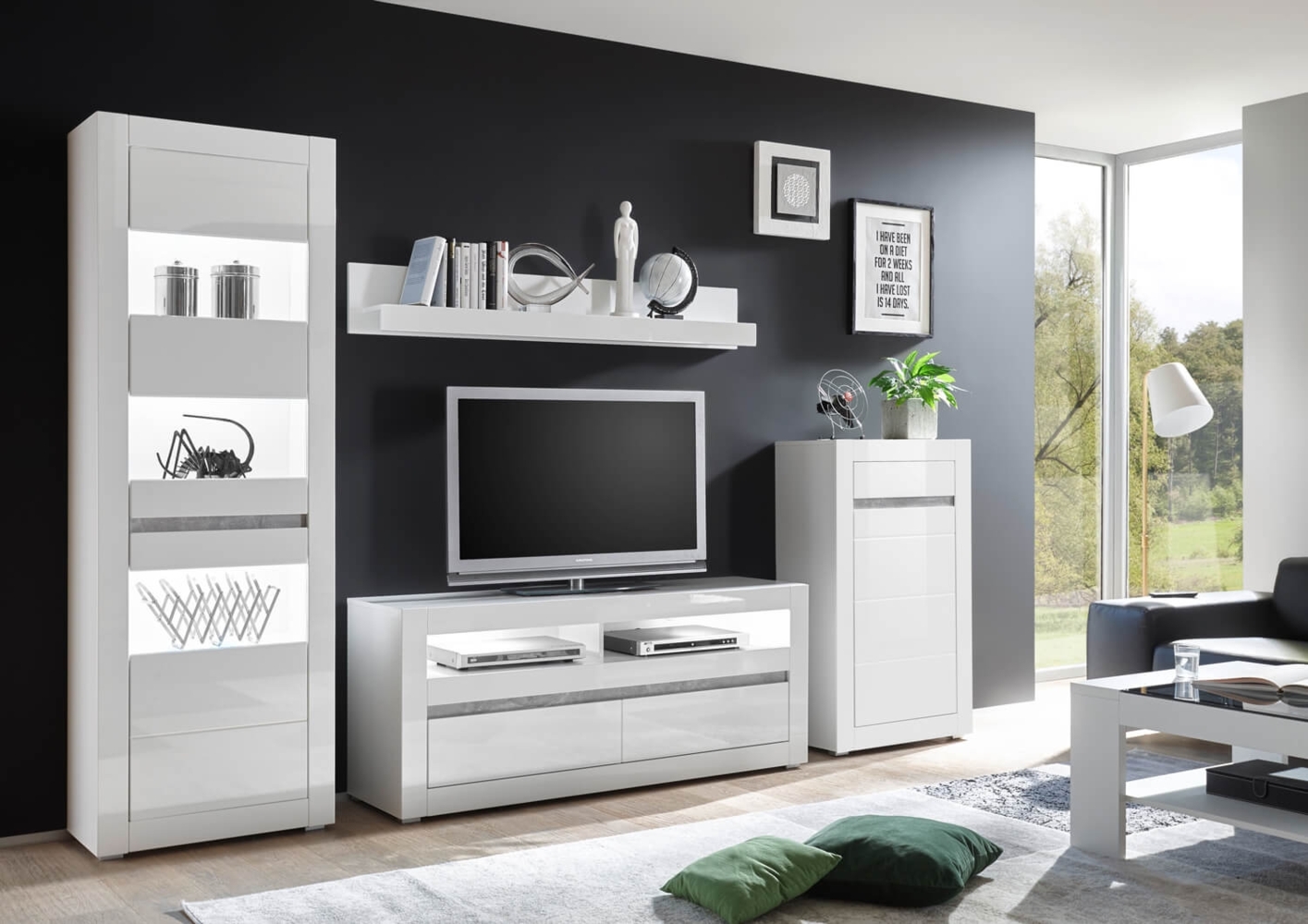 Wohnwand Anbauwand Carat LED weiß Hochglanz beton 282cm grifflos MDF Bild 1