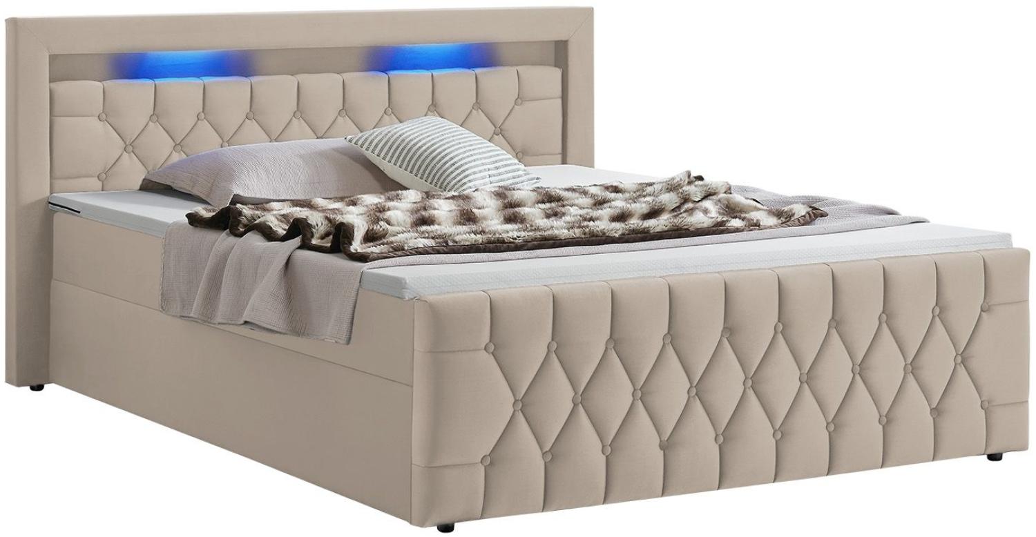 Juskys Boxspringbett Leona 140x200 cm - Bett mit LED Beleuchtung, Topper & H4 Federkern Matratzen - Einzelbett Beige mit Samt und Steppung Bild 1