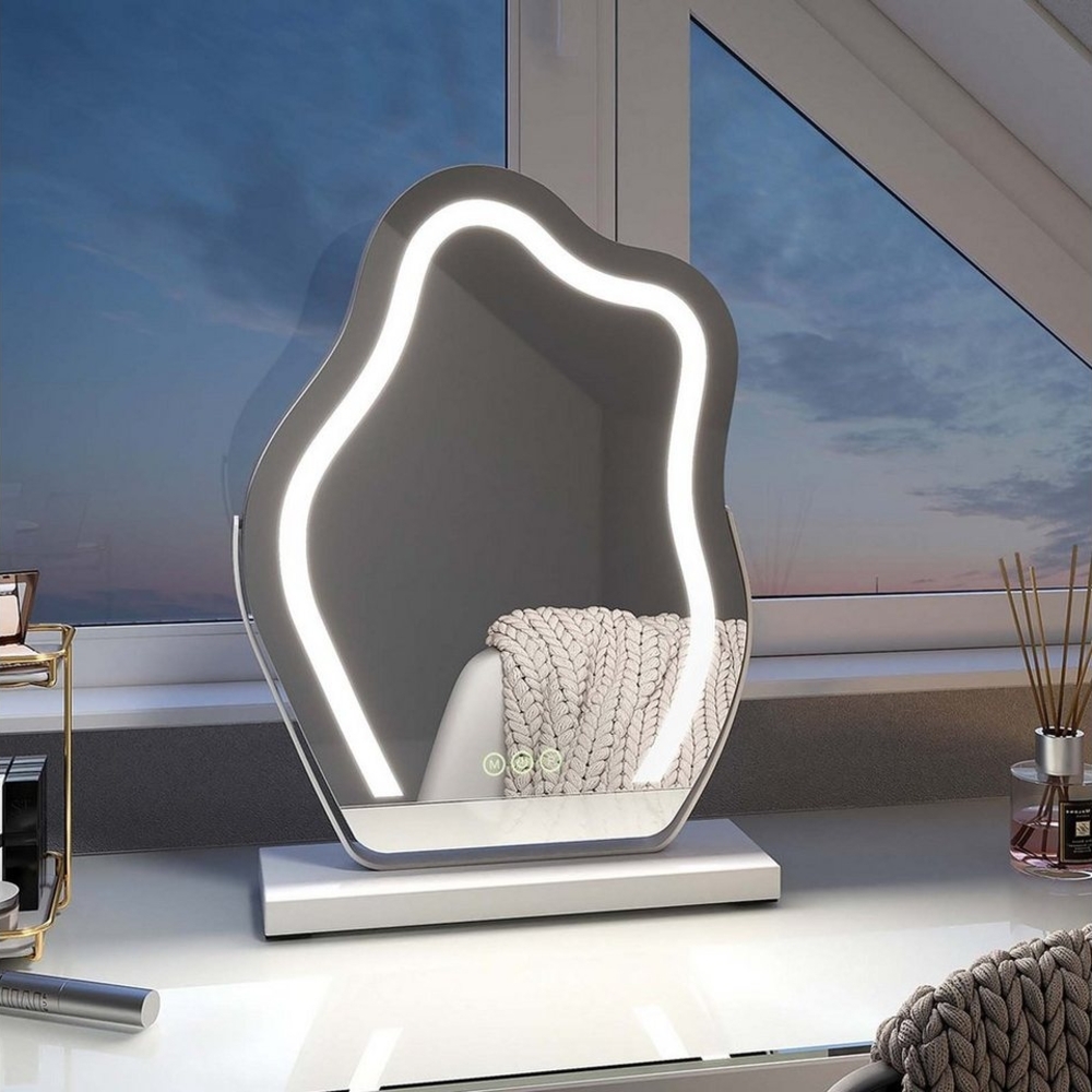 EMKE Schminkspiegel mit Beleuchtung Unregelmäßige Kurve Kosmetikspiegel 360° Drehbar, Touchschalter, 3 Lichtfarben Dimmbar und Memory-Funktion Höhe 45cm Weiß Rahmen Bild 1