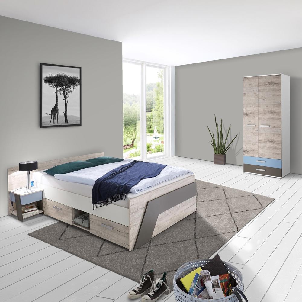 Jugendzimmer Set mit 140x200cm Bett LEEDS-10 in Sandeiche Nachbildung mit weiß, Lava und Denim Blau Bild 1