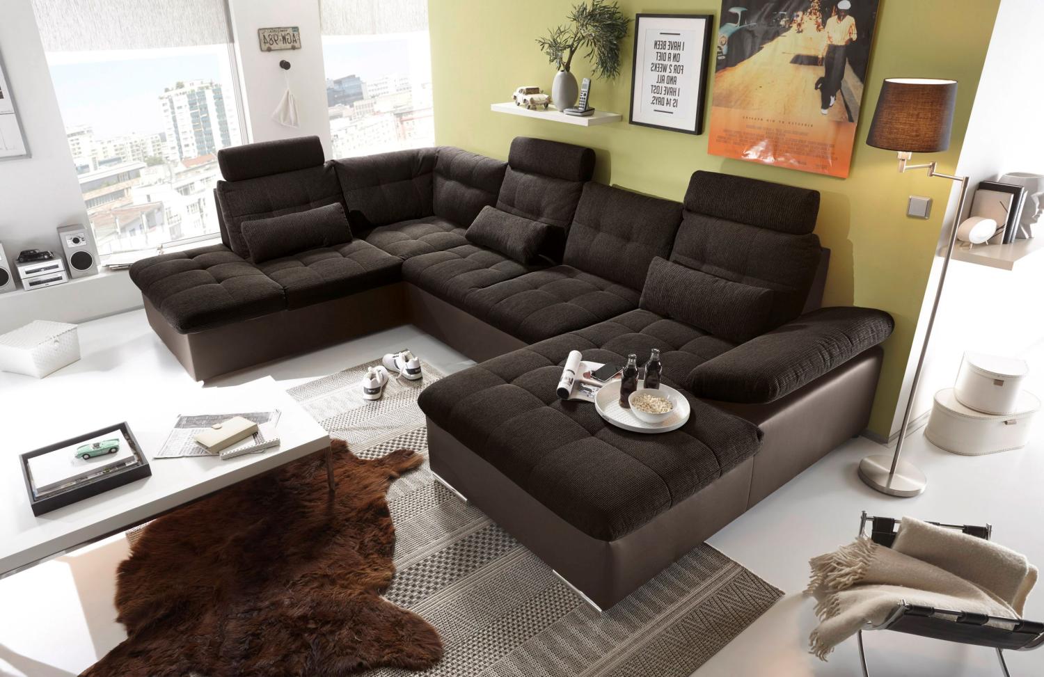 Couch Wohnlandschaft Schlaffunktion Schlafsofa braun schwarz Ottomane links Bild 1