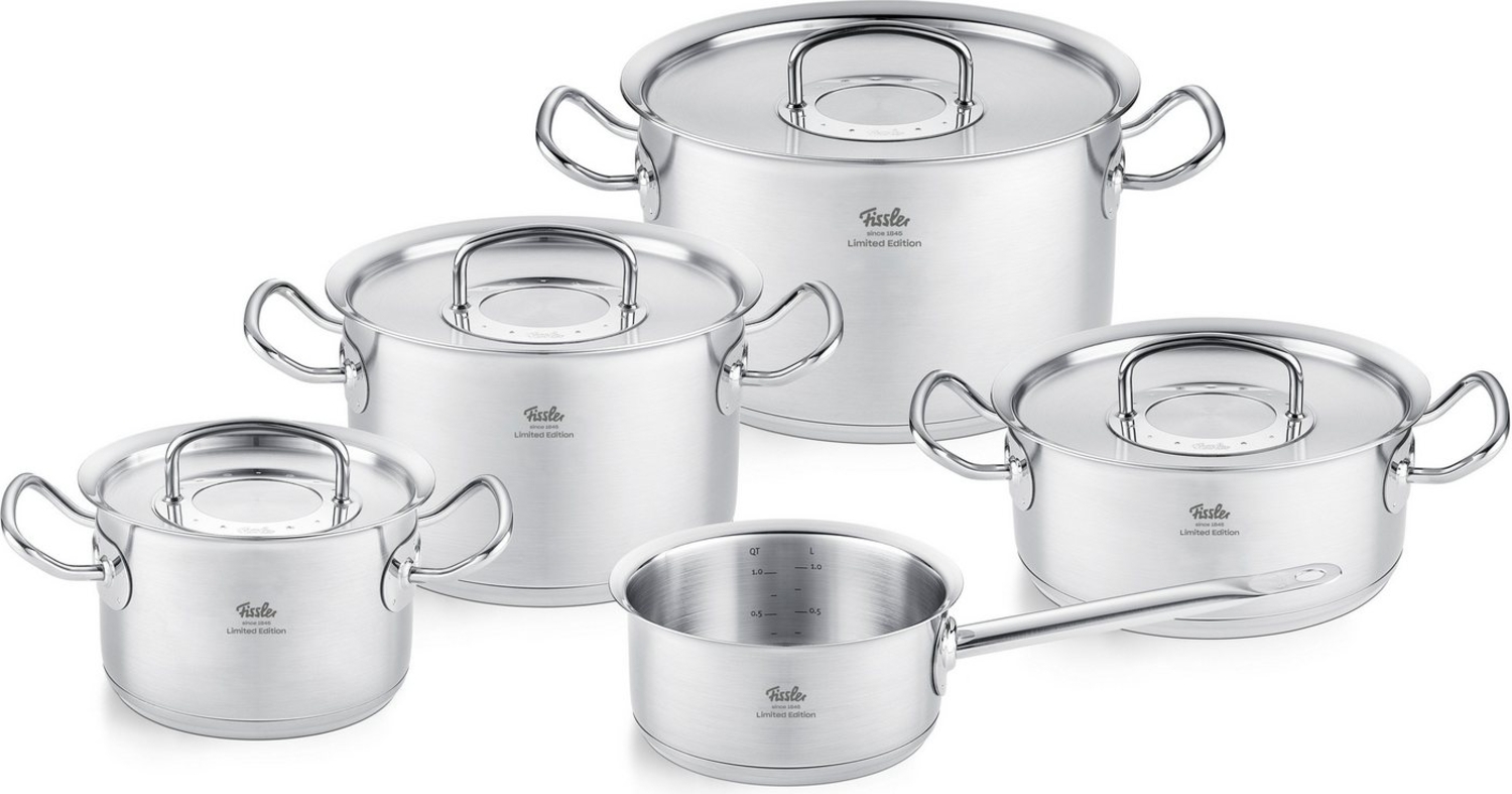 Fissler Topf-Set Original-Profi Collection® Retro, Edelstahl 18/10 (Set, 9-tlg, 3 Kochtöpfe,1 Bratentopf, 1 Stielkasserolle, 4 Metalldeckel), Limited Edition, Made in Germany Bild 1