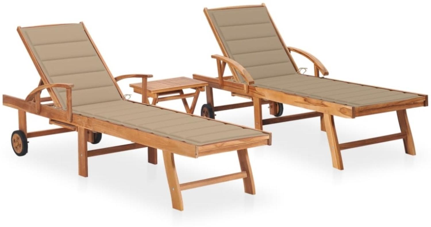 vidaXL Sonnenliegen 2 Stk. mit Tisch und Auflagen Massivholz Teak 3073174 Bild 1