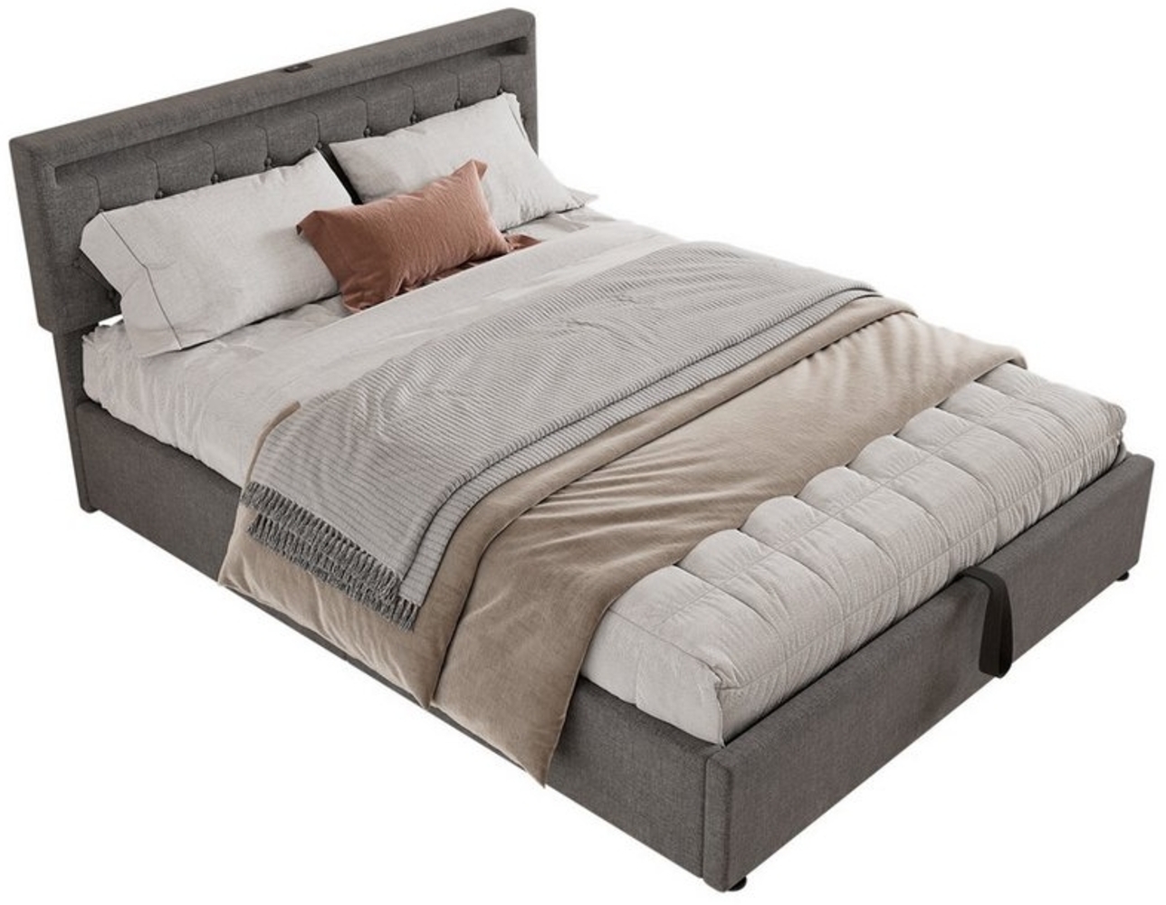 TavilaEcon Boxspringbett Polsterbett mit Bettkasten, höhenverstellbares Kopfteil, Leinen-Bezug (Ohne Matratze), LED-Beleuchtung, USB- und Typ-C-Steckdose, 160×200 cm, Grau Bild 1