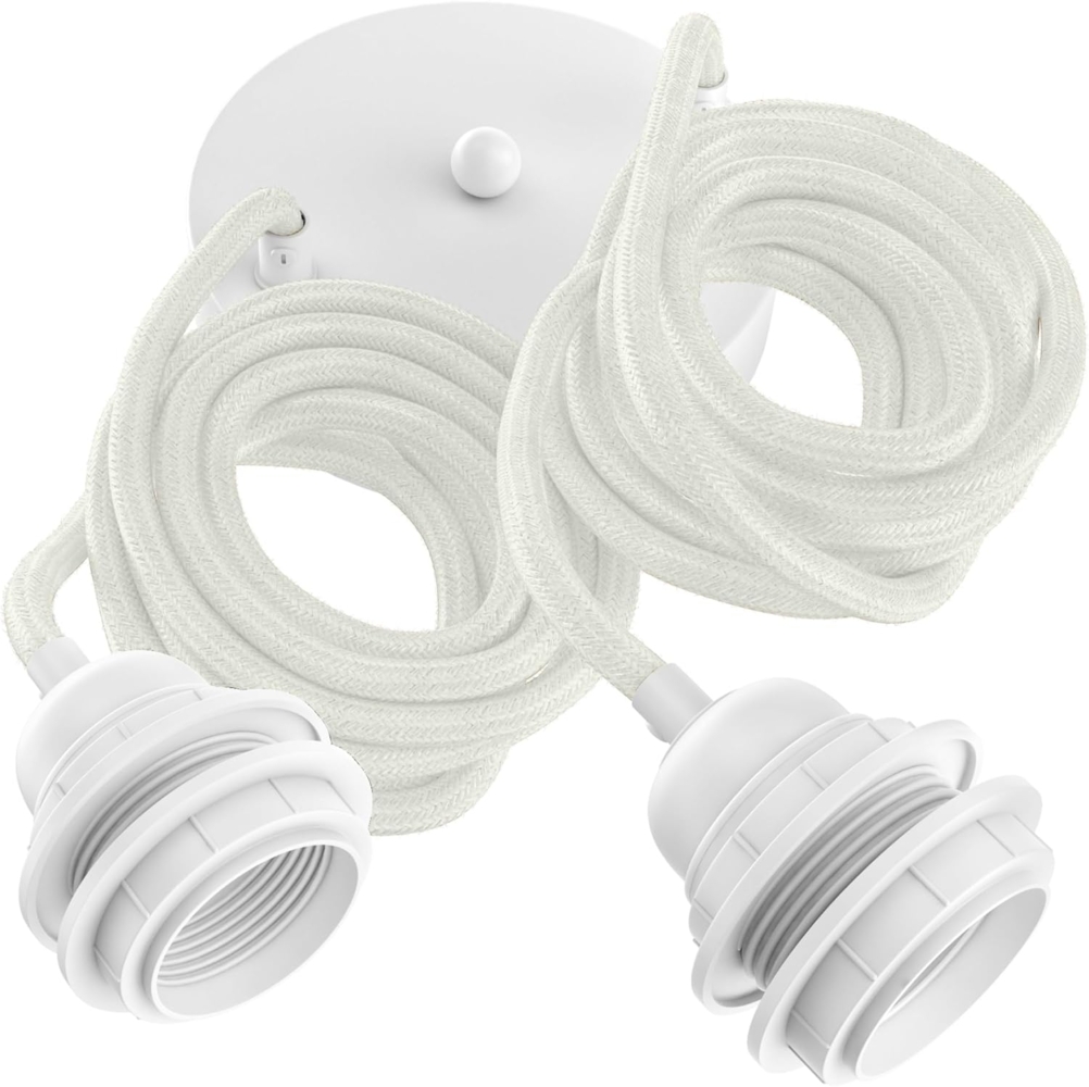 HOOPZI - Pendelleuchte - Hang 2 Flammig - 2,5m Textilkabel Seil - 2 X E27 Fassung - Vintage Retro weiß mit weißer Fassung Bild 1