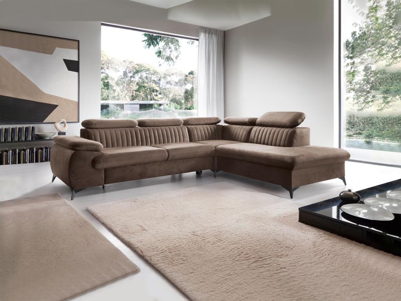 Vente-unique - Großes Ecksofa mit Schlaffunktion - Ecke rechts - Samt - Taupe - SAMARA von Pascal Morabito Bild 1