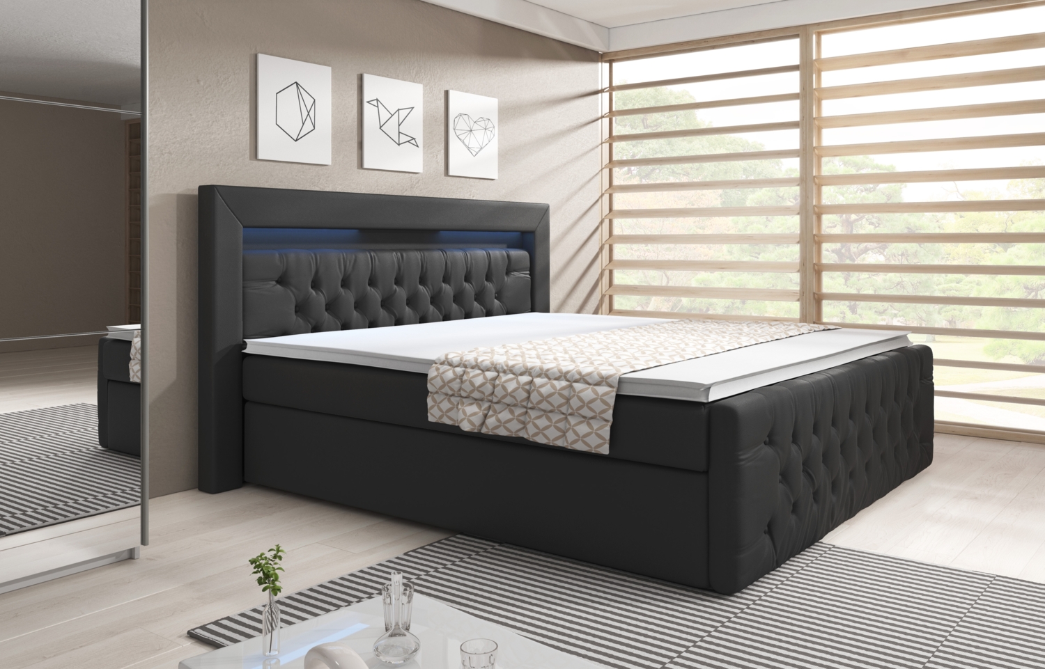 Ascona Boxspringbett mit LED-Beleuchtung, Bunt-LED, 180x200 cm, Matratze H3, Schwarz Bild 1