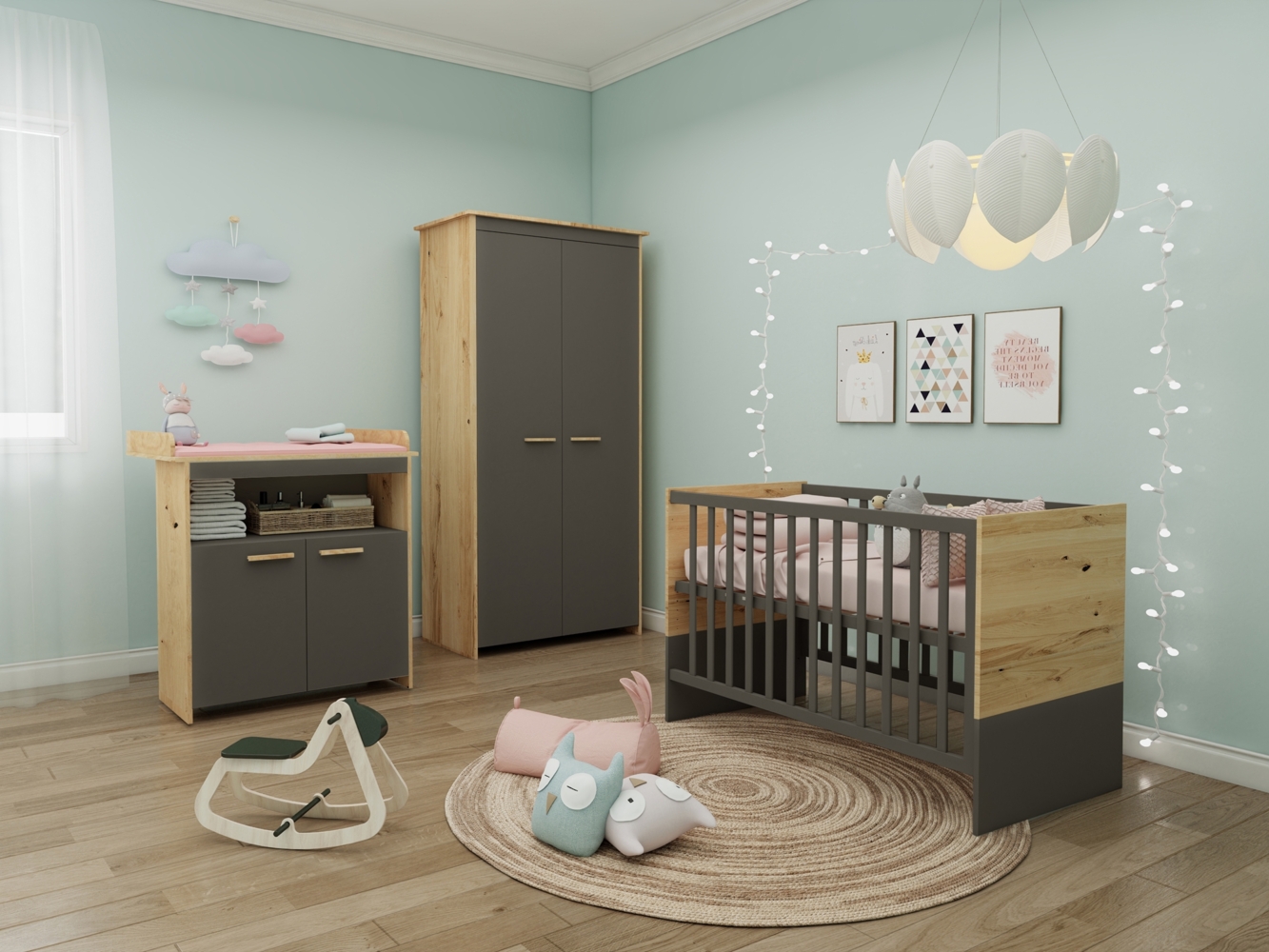 roba Kinderkleiderschrank 2-türig Anna - Hochwertige Griffe aus massivem Holz - Schrank für Kinderzimmer in Anthrazit / Dekor Kent Eiche Bild 1