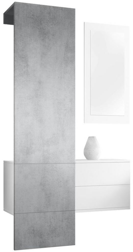 Vladon Garderobe Carlton Set 2, Garderobenset bestehend aus 1 Garderobenpaneel, 1 Schubkastenschrank und 1 Wandspiegel, Weiß matt/Beton Oxid Optik (105 x 193 x 35 cm) Bild 1