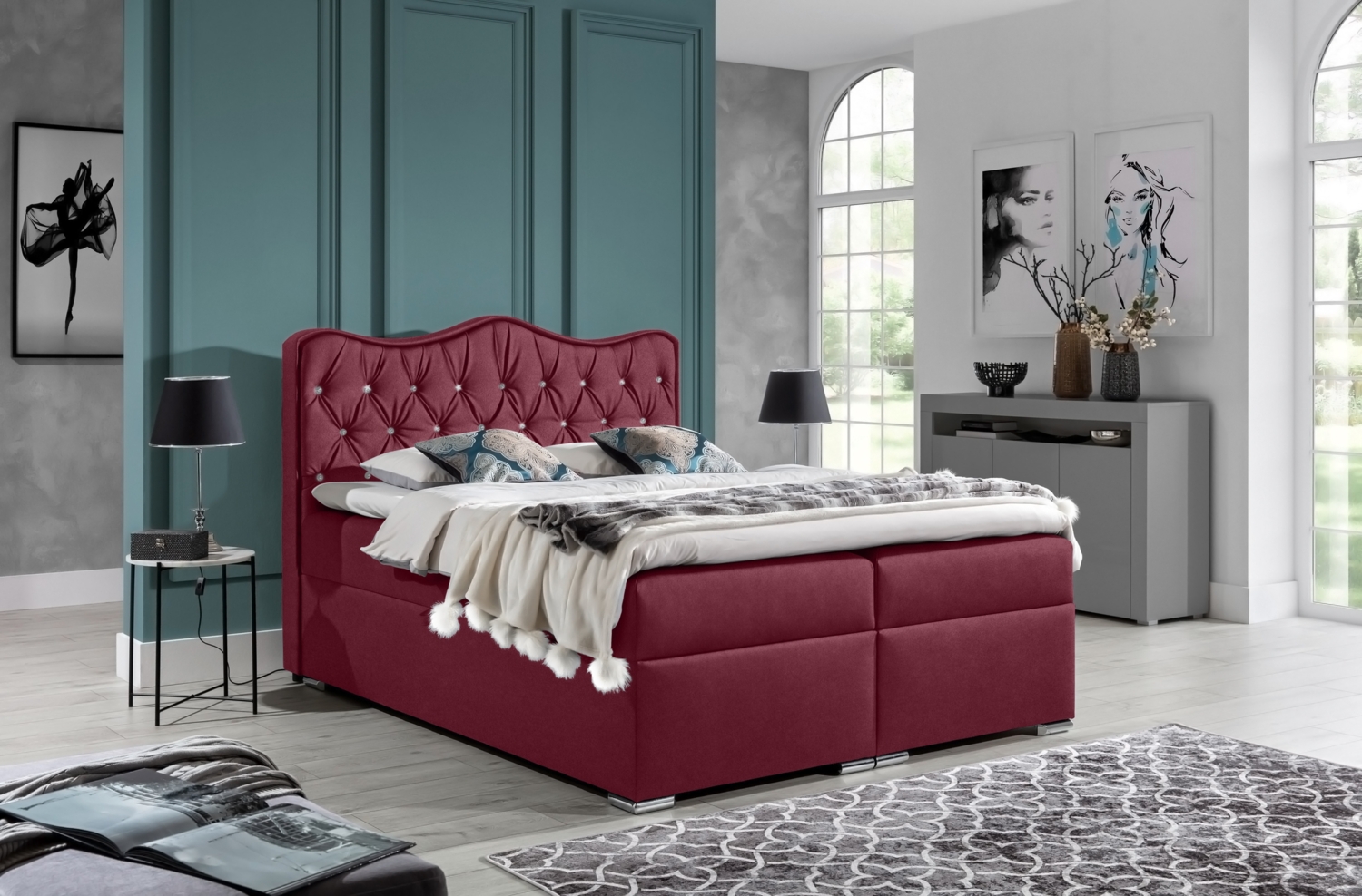 99rooms Figaro Boxspringbett Velours ROYAL VELVET Bordeaux 180x200 cm Bild 1