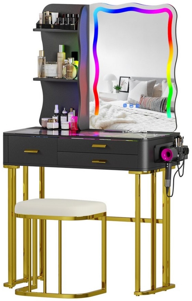 LVifur Schminktisch mit Hocker/Spiegel/Beleuchtung, perfekt für modernes Wohndesign, 3 Schubladen, Haartrocknerständer, 40Tx80Bx140H cm, schwarz Bild 1