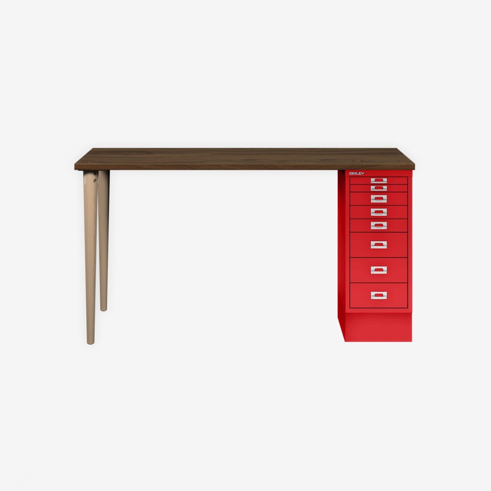 MultiDesk, 2 Eichenfüße, 1 MultiDrawer mit 8 Schüben, Dekor Nussbaum, Farbe Kardinalrot, Maße: H 740 x B 1400 x T 600 mm Bild 1