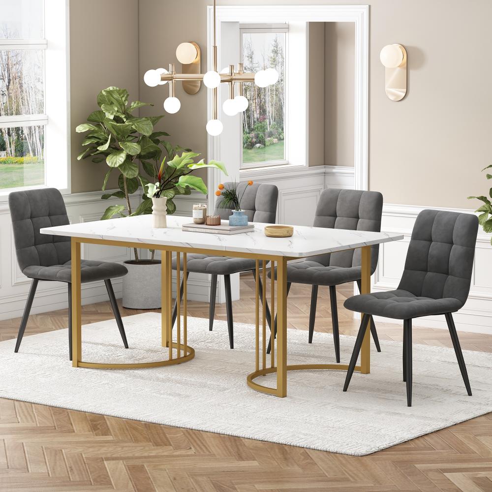 Merax Essgruppe (5-tlg),Esstisch mit 4 Stühlen Set, Moderner Küchentisch Set , 140×80cm Küchentisch mit Golden Metallbeinen, MDF Tischplatte in Weißer, Dunkelgrau Samt Esszimmerstühle Bild 1