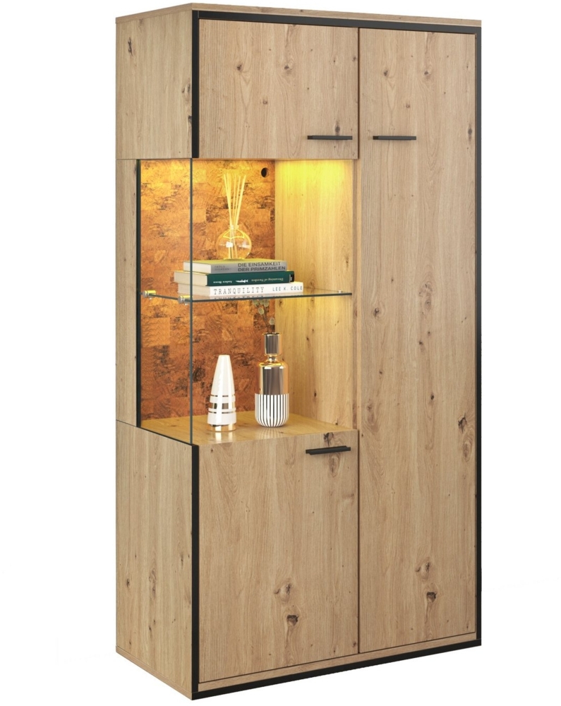 KLAM HOME Vitrine Hochschrank Anrichte mit 15-farbiger LED-Beleuchtung 150Hx78Bx40Tcm (Stauraumvitrine in moderner Rahmenoptik) für Wohnzimmer, Schlafzimmer oder Esszimmer Bild 1