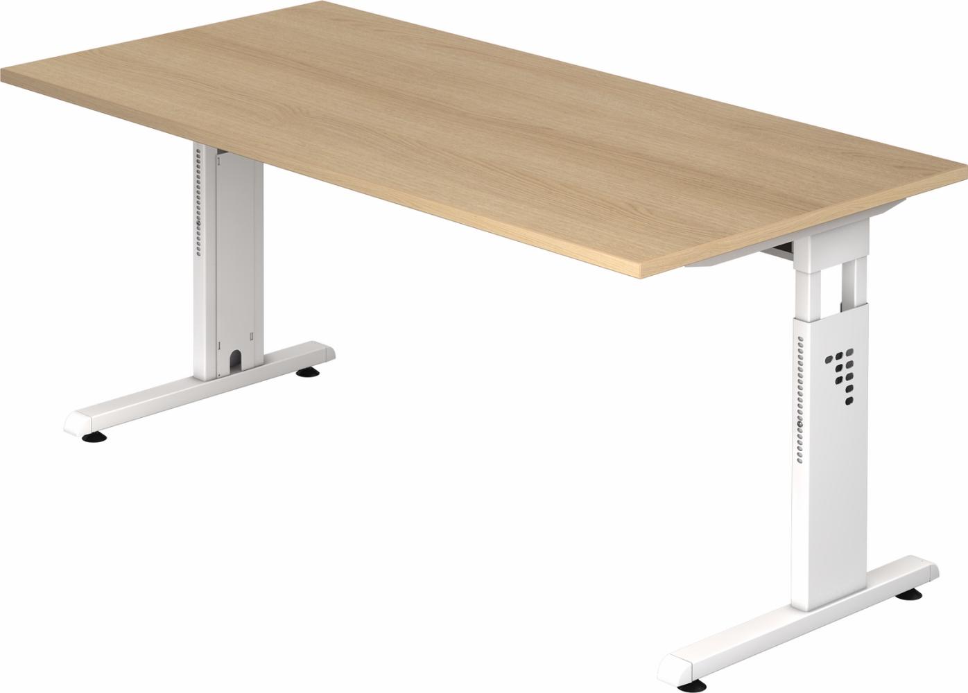 bümö höhenverstellbarer Schreibtisch O-Serie 160x80 cm in Eiche, Gestell in weiß - PC Tisch für's Büro manuell höhenverstellbar, Computertisch verstellbar, OS-16-E-W Bild 1