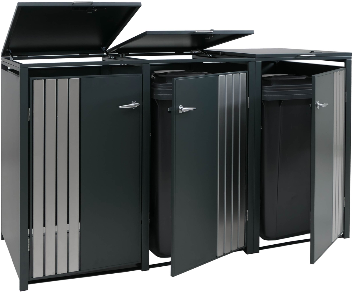 3er-Mülltonnenverkleidung HWC-O67, Mülltonnenbox mit Deckel, Metall 122x200x84cm 83kg ~ anthrazit Edelstahl Bild 1