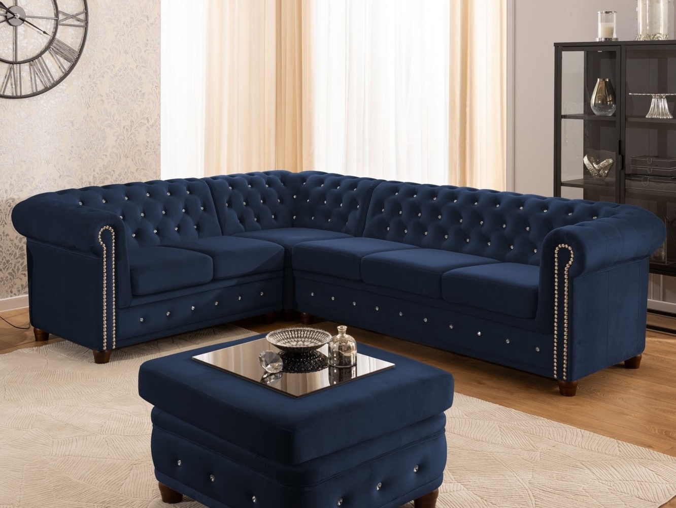 S-Style Möbel Ecksofa Chesterfield L-Form Cleo Blink aus Samt mit Kristallsteppung, mit Wellenfederung Bild 1