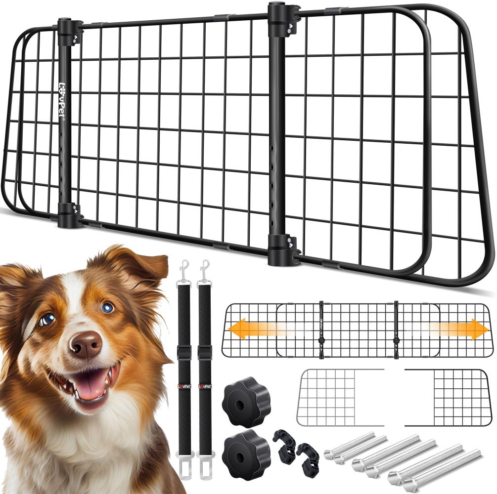 LovPet® Hundegitter Auto, Autoschutzgitter Trenngitter Universal, verstellbare Breite, Kopfstütze Kofferraum Autogitter Maße HxB 30 x 91-153 cm Kofferraumgitter,+ 2x Sicherheitsgurt für Hunde Schwarz Bild 1