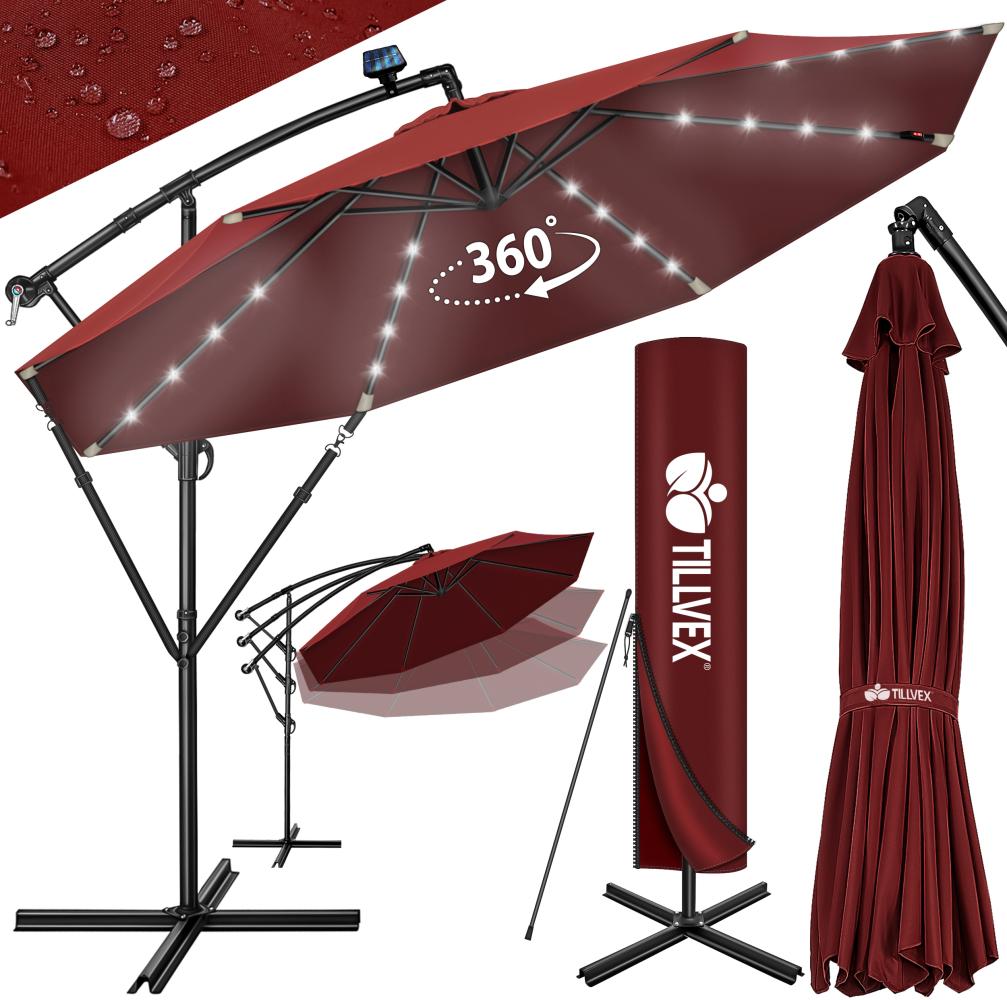 tillvex Alu Ampelschirm Rot LED Solar Ø 350 cm mit Kurbel | Sonnenschirm mit An-/Ausschalter | Gartenschirm UV-Schutz Aluminium | Kurbelschirm mit Ständer Marktschirm wasserdicht Bild 1