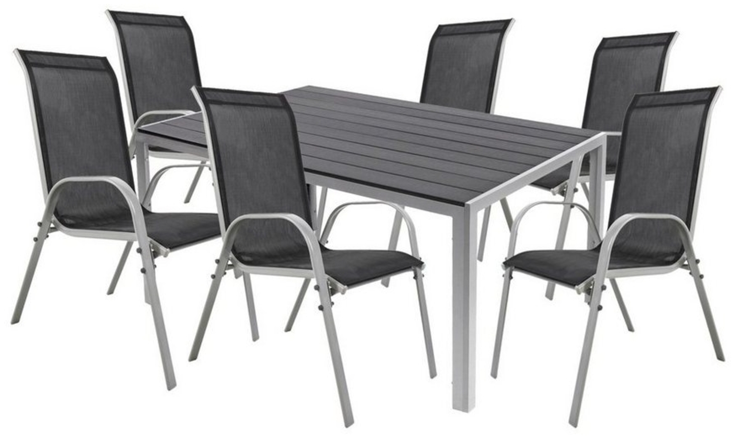 7tlg Gartenmöbel Set Alu silber Non-Wood 180x90cm + 6 Stapelstühlen Bild 1