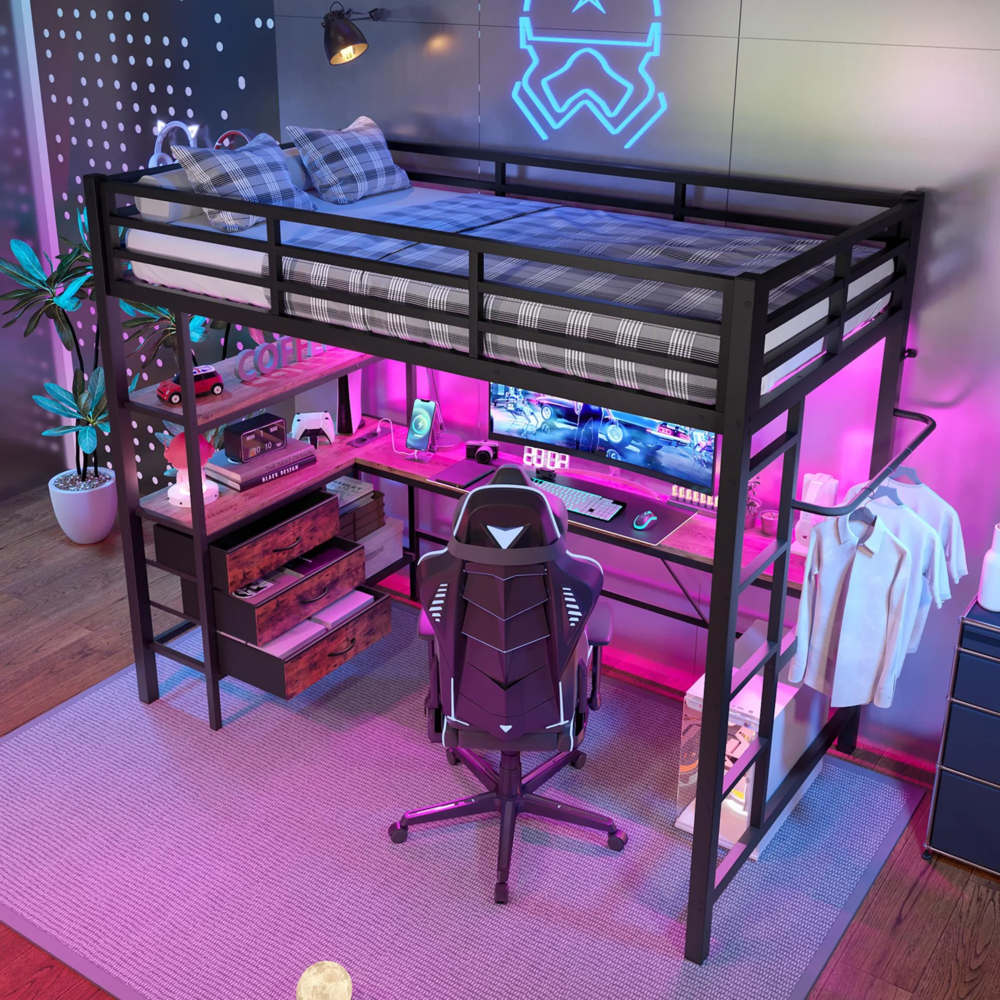 Hochbett mit Schreibtisch und LED-Beleuchtung, 90x200 cm, Schubladen, Kleiderstange, Mehrfachsteckdose und Rausfallschutz, Metallbett, Jugendbett Bild 1