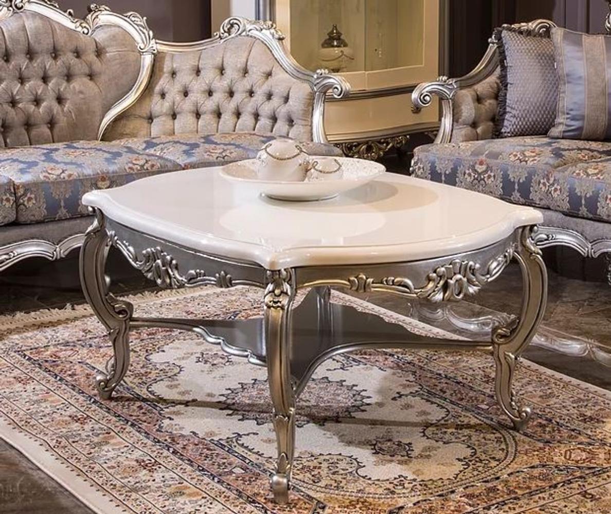 Casa Padrino Luxus Barock Couchtisch Weiß / Silber 118 x 89 x H. 58 cm - Massivholz Wohnzimmertisch - Barockstil Möbel Bild 1