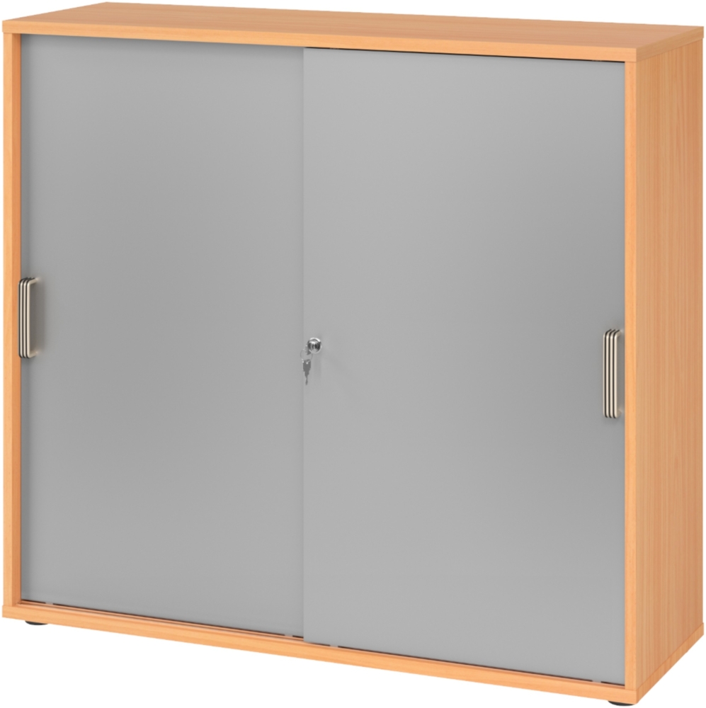 bümö Schiebetürenschrank 3OH - Aktenschrank abschließbar, Sideboard Schrank mit Schiebetüren in Buche/Silber, Streifengriff - Büroschrank aus Holz mit Schiebetür, Büro Kommode für Ordner & Co, 1753S-6-S-SG Bild 1