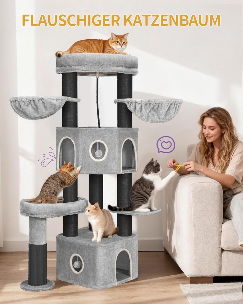 Kratzbaum, 163 cm Katzenbaum, 11 cm d Dicke Sisalstämme, für Große Katze, 2 Höhlen, Geräumige plattform, Plüschball, Katzenbürste, Mehrstöckiger Katzenkratzbaum, Hellgrau Schwarz Bild 1