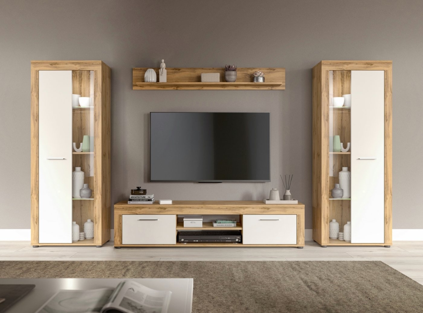 INOSIGN Wohnzimmer-Set Aosta, Breite 310cm, best. aus: 2x Vitrine, Lowboard, Wandboard, Wohnwand, Kombination, Anbauwand, Möbel Set, Schrankwand, Möbel Kombi Bild 1