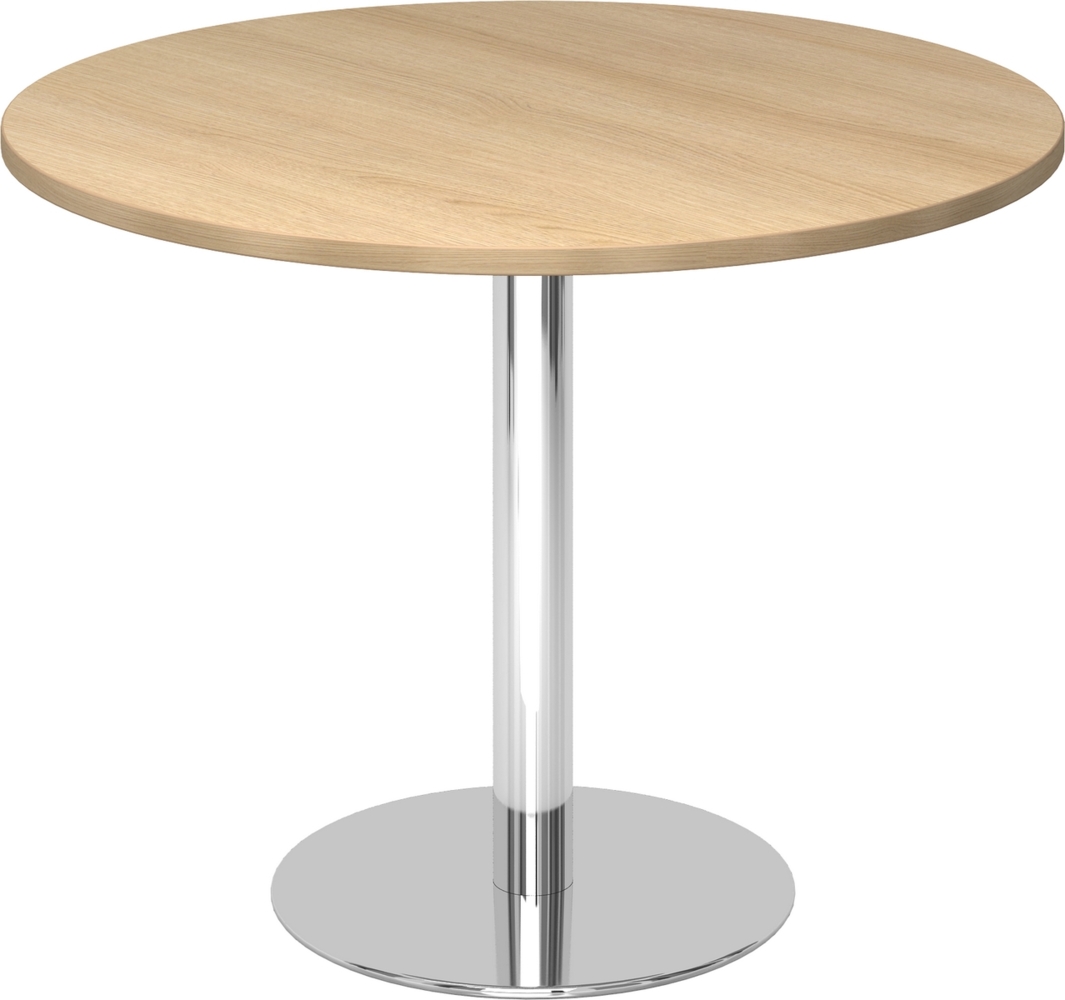 bümö Besprechungstisch, Esstisch klein, Tisch rund 100 cm - kleiner Esstisch Eiche, Rundtisch Esstisch 2 Personen mit Holz-Platte, Säule aus Metall verchromt, Konferenztisch, Bistrotisch, STF10-E-C Bild 1