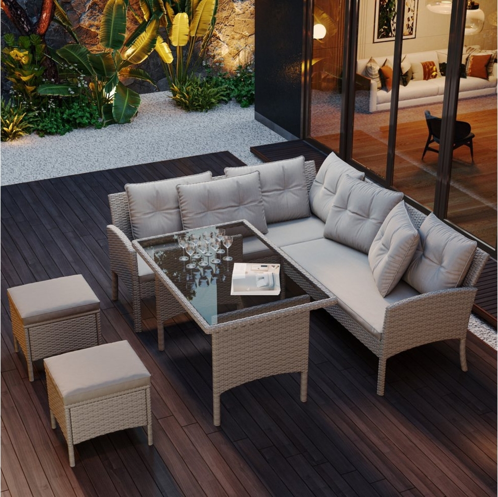 Celya Gartenlounge-Set Gartenlounges für 7 Personen, Gartenmöbel mit Sofa und Tisch, (Gartenlounge für 7 Personen, mit Sofa, Tisch, Hocker & Kissen, abnehmbarer und waschbarer Stoffbezug, Khaki), Poly Rattan Sitzgruppe Esstisch Lounge Gartenmöbel Bild 1