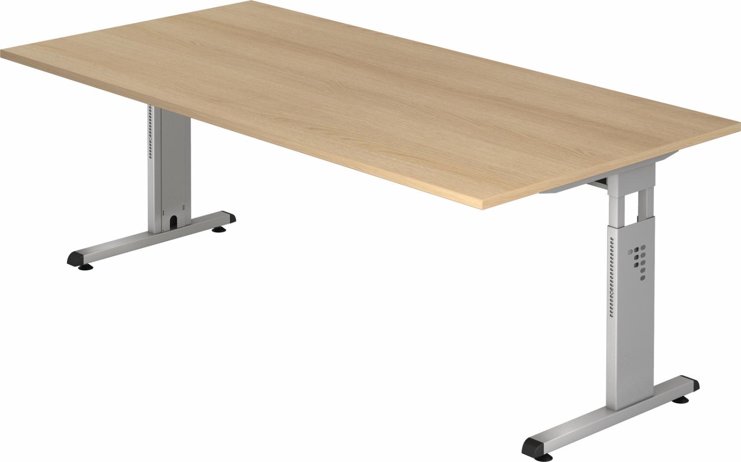 bümö höhenverstellbarer Schreibtisch O-Serie 200x100 cm in Eiche, Gestell in Silber - großer PC Tisch für's Büro manuell höhenverstellbar, Computertisch verstellbar, OS-2E-E-S Bild 1