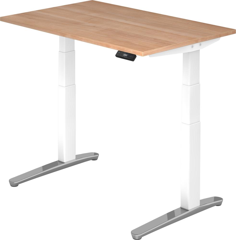 bümö® Sitz- & Stehschreibtisch Serie-XBHM elektrisch höhenverstellbar mit Memoryfunktion, Tischplatte 120 x 80 cm in Nussbaum, Gestell in weiß / aluminium poliert Bild 1