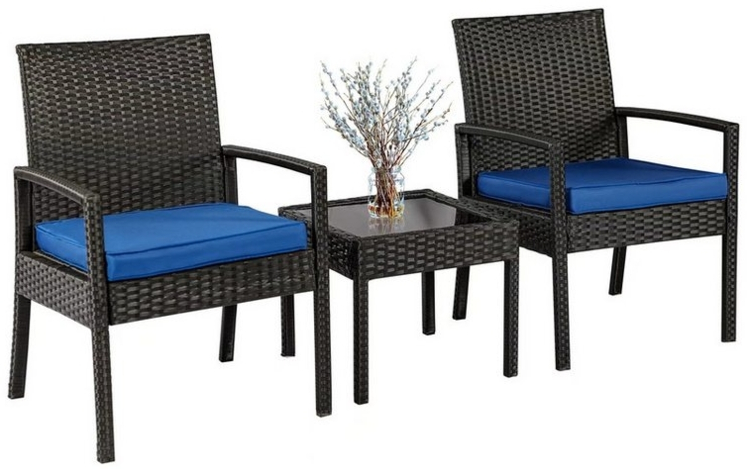 HTI-Living Garten-Essgruppe Sitzgruppe 3-teilig Santadi Blaue Kissen, (Set, 3-tlg, 1 Tisch 2 Stühle), Balkonmöbel Terrassenmöbel Bild 1