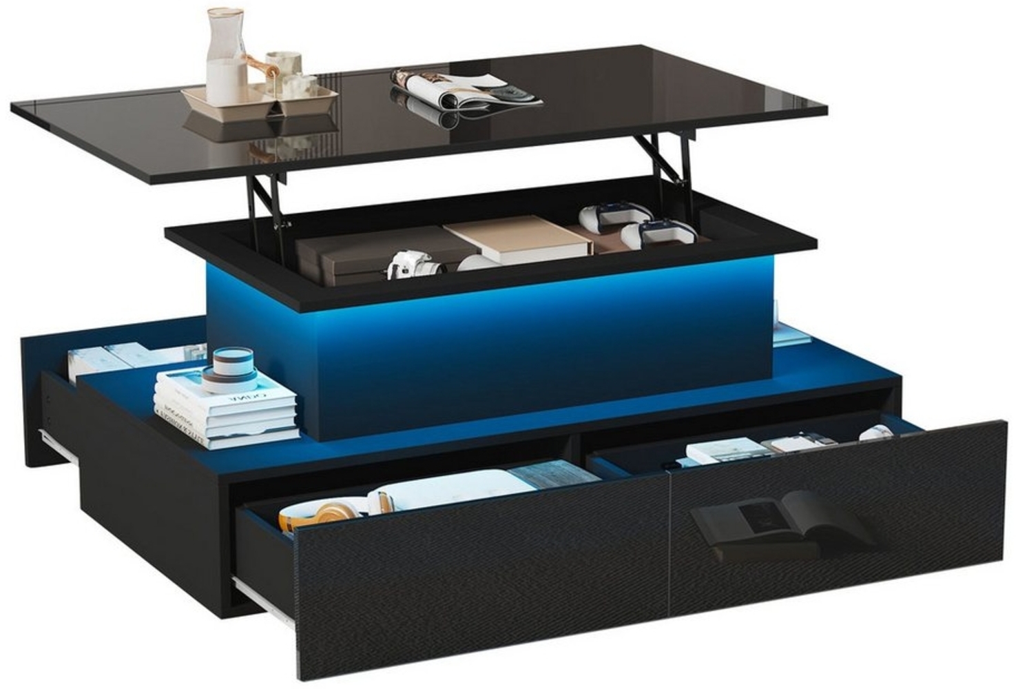 Merax Couchtisch hochglanz Sofatisch Beistelltisch mit LED und hydraulischer Lift (Lift-Teetisch, 90x55x41cm), Wohnzimmertisch mit 4 Schubladen und Stauraum inkl. Fernbedienung Bild 1