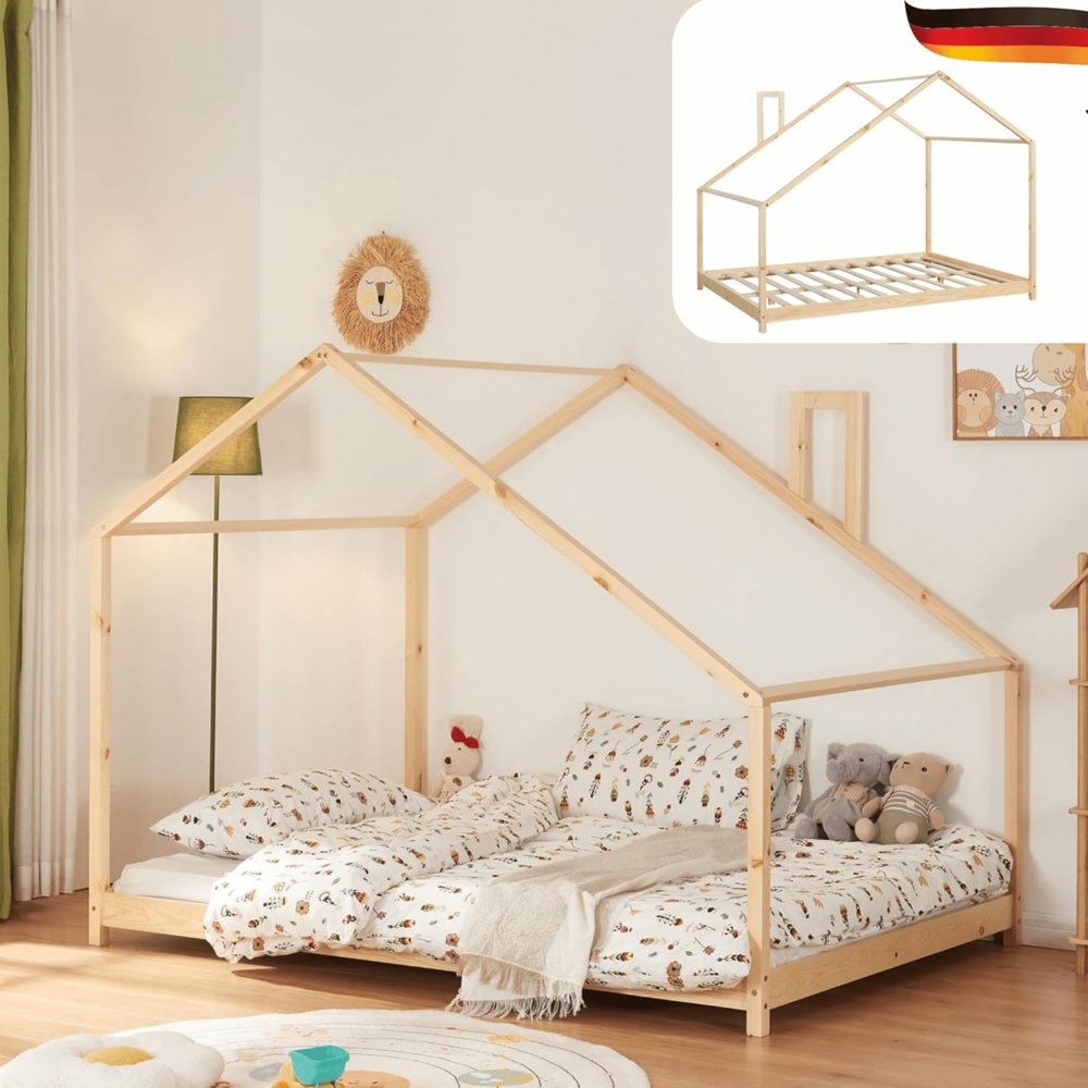 DELUKE® Kinderbett 120x200 LUKI - mit Matratze Lattenrost Haus-Optik Kiefernholz Einzelbett aus Holz Hausbett Kinderzimmer Bodenbett Montessori Bett Braun Bild 1