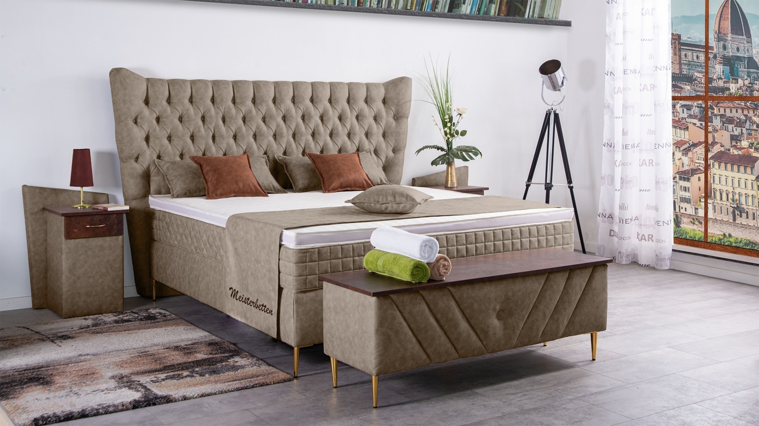 Meisterbetten Boxspringbett Quin 240x200 in MS-Camel, Matratzenbezug Optiflex, Ergoflex-Topper Bild 1