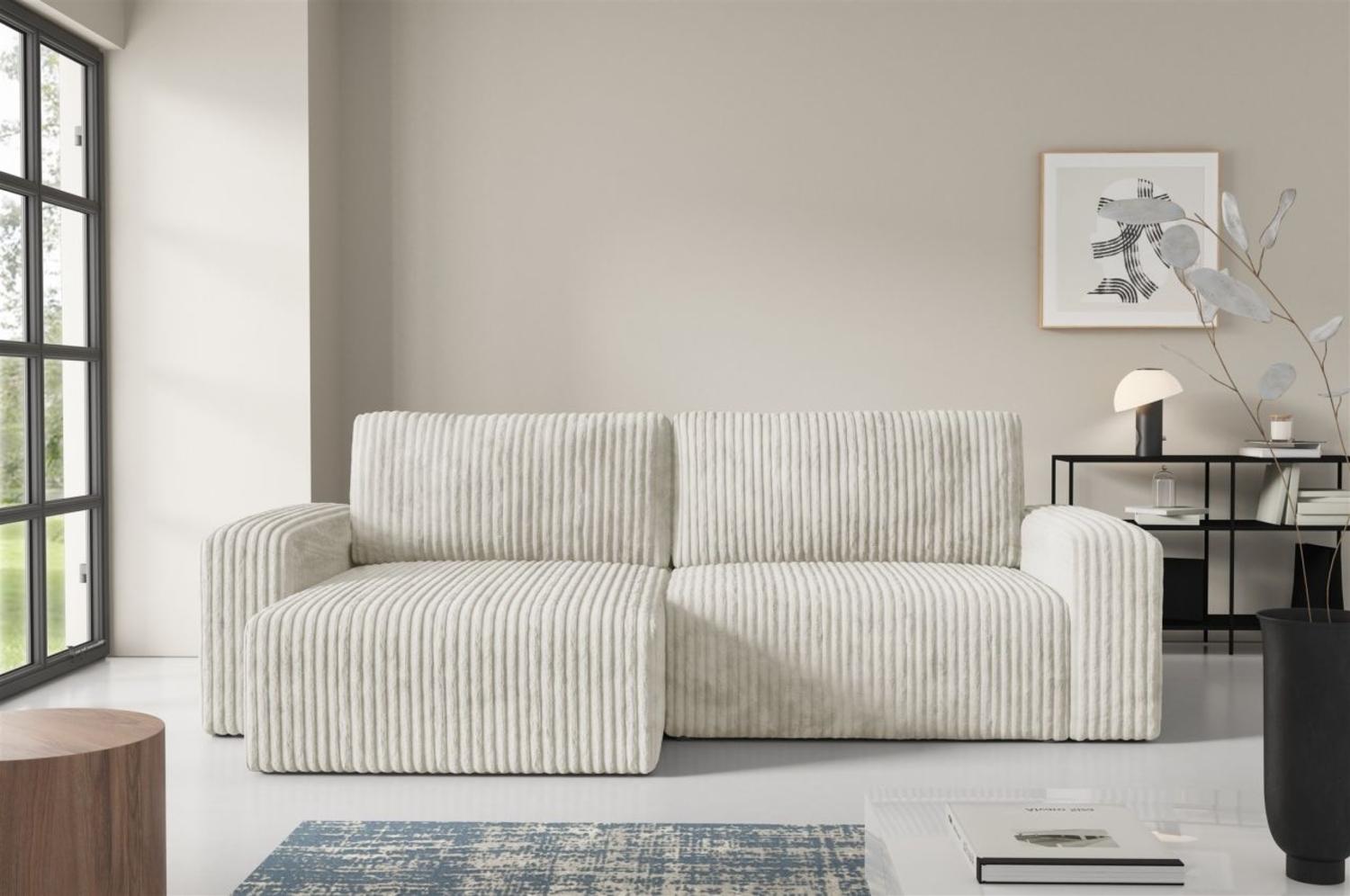 Ecksofa mit Schlaffunktion NATALIA in Stoff Tilia Creme Ottomane Links Bild 1