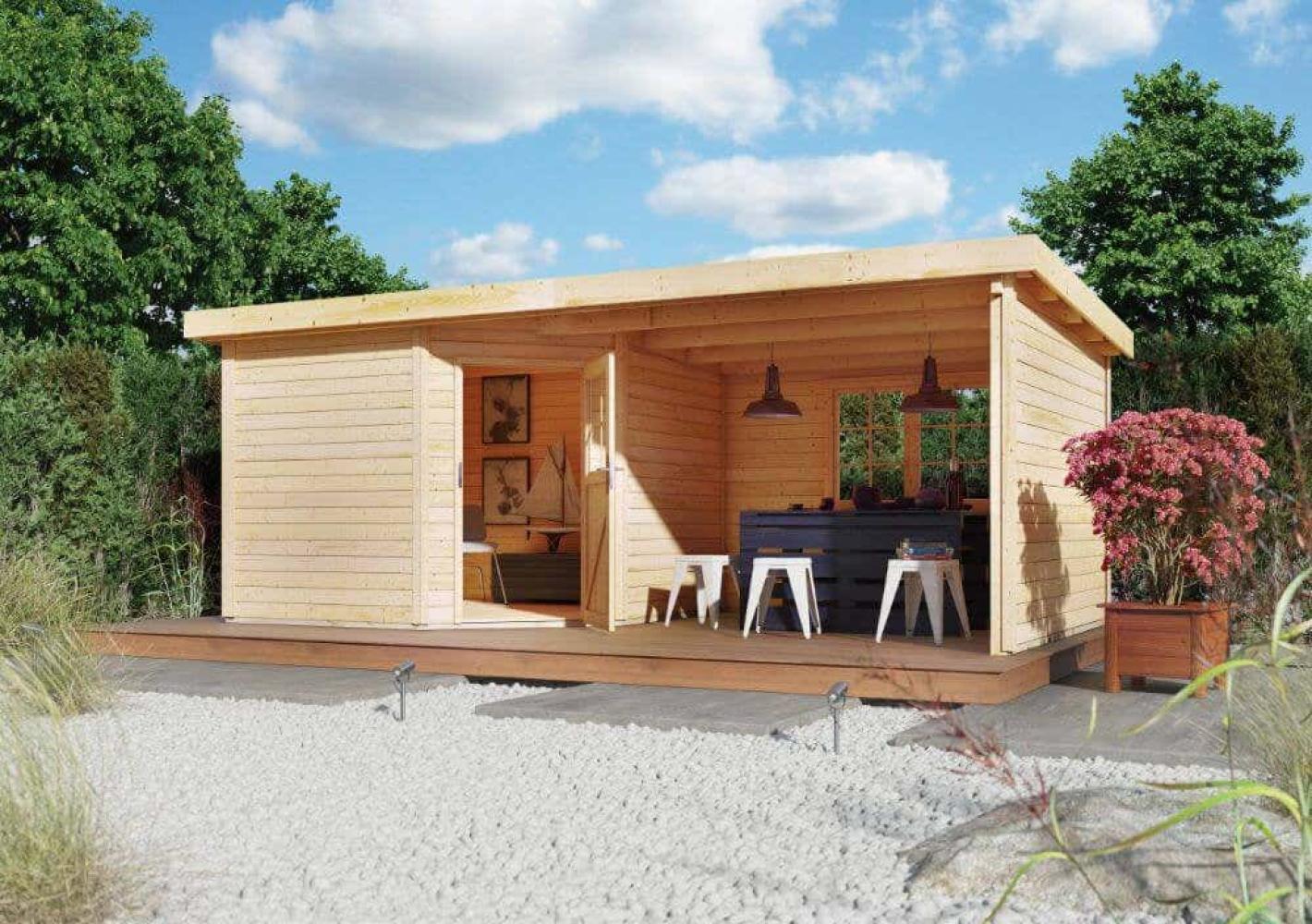 Gartenhaus Neuruppin 2 - 244x244 cm mit Anbaudach 3,20 m, 28 mm Holz naturbelassen, Karibu Bild 1