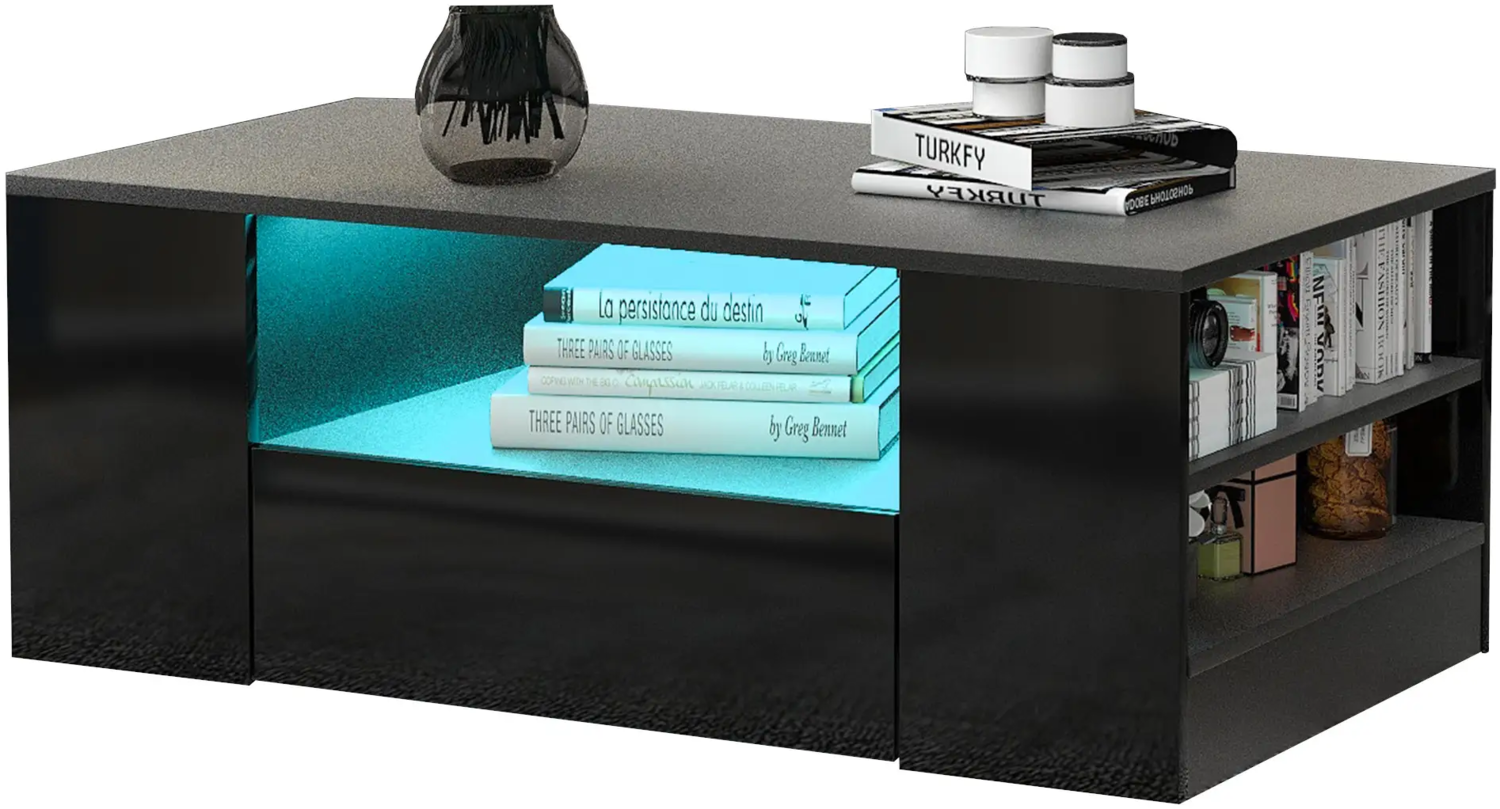 Merax Couchtisch hochglanz Sofatisch mit LED-Beleuchtung, Wohnzimmertisch, Schwarz Bild 1